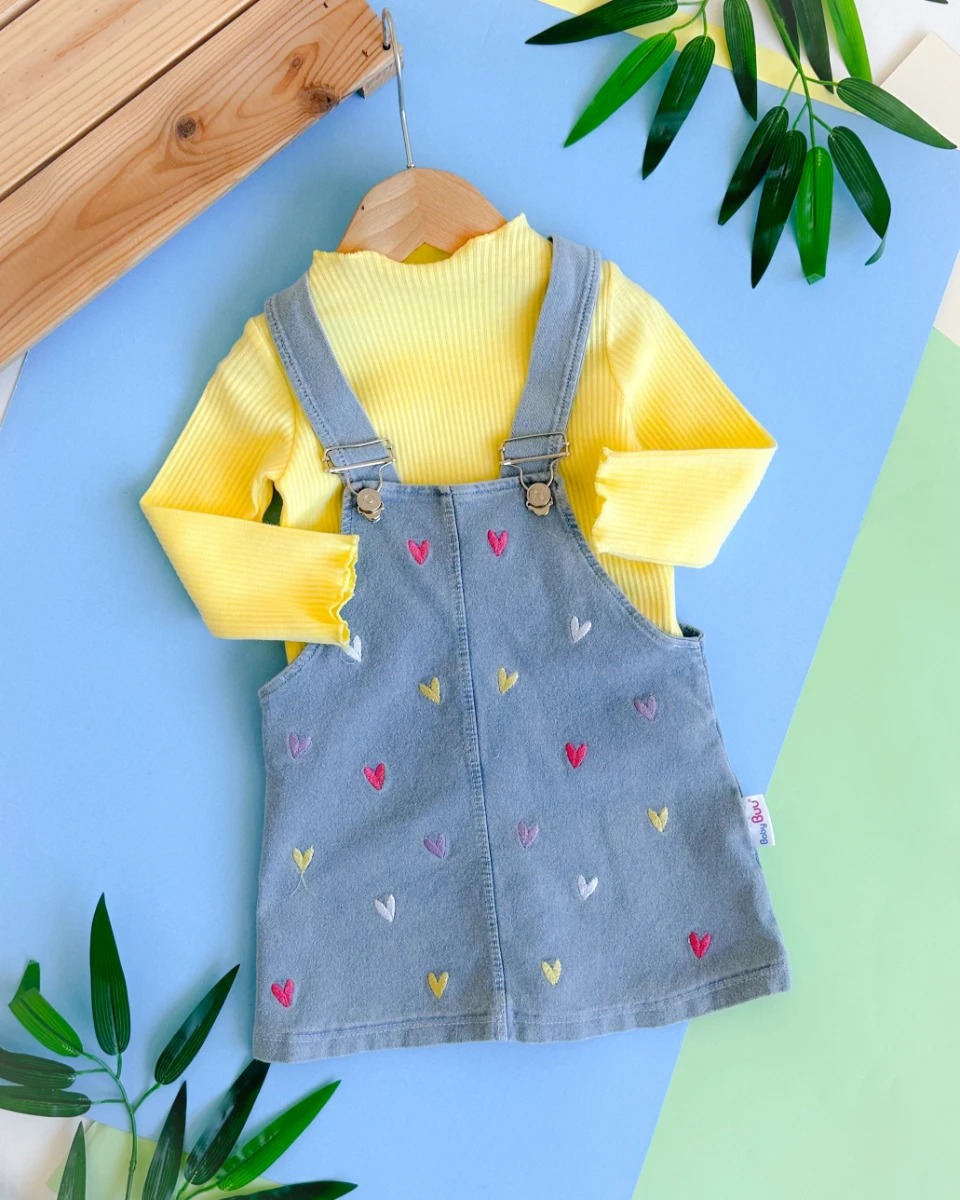 Sevimli kalp işlemeli  balıkçı yaka fitilli kumaş mevsimlik kot 2 parça salopet elbise set