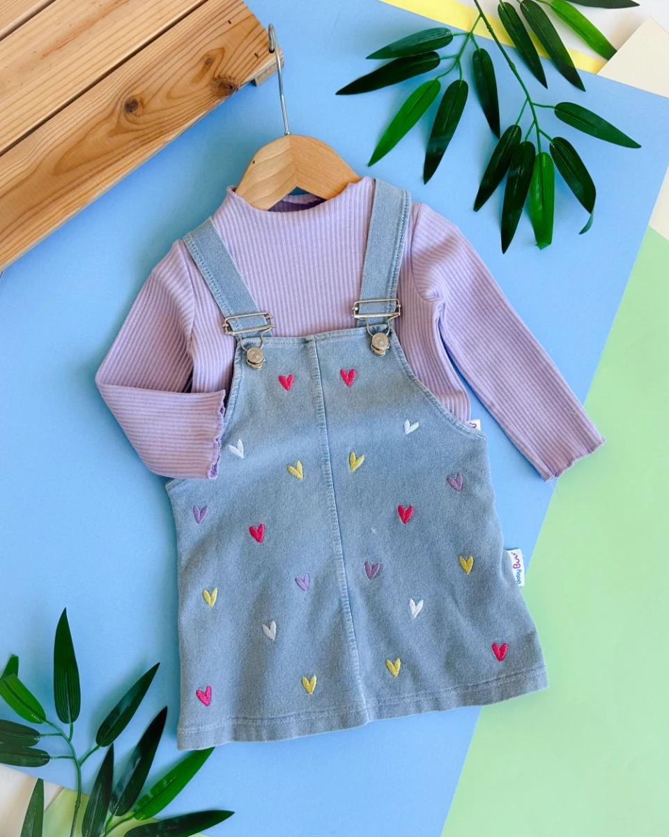 Sevimli kalp işlemeli  balıkçı yaka fitilli kumaş mevsimlik kot 2 parça salopet elbise set