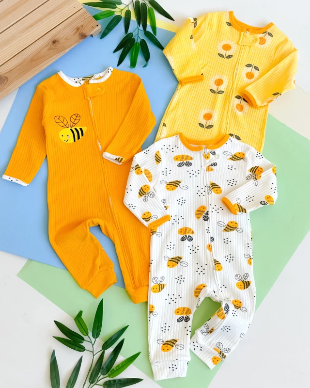 Ayçiçekleri ve arılar desen boydan fermuarlı mevsimlik 3 parça tulum set