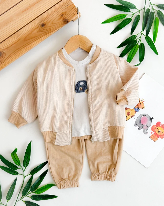 Hakim yaka hırkalı araba punch detaylı mevsimlik 3 parça takım