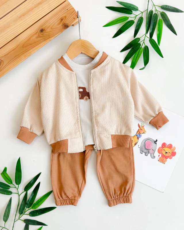 Hakim yaka hırkalı araba punch detaylı mevsimlik 3 parça takım