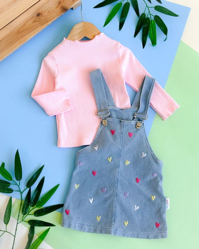 Sevimli kalp işlemeli  balıkçı yaka fitilli kumaş mevsimlik kot 2 parça salopet elbise set