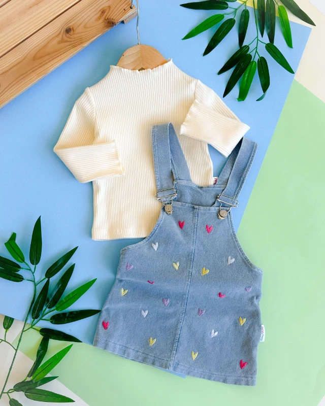 Sevimli kalp işlemeli  balıkçı yaka fitilli kumaş mevsimlik kot 2 parça salopet elbise set