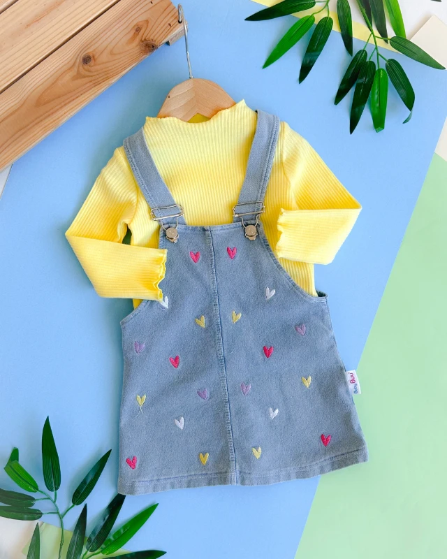 Sevimli kalp işlemeli  balıkçı yaka fitilli kumaş mevsimlik kot 2 parça salopet elbise set