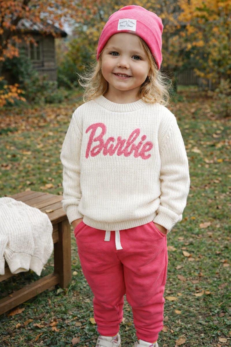 Barbie nakışlı triko kazak ve ribana kumaş 4lü kız çocuk kombin takım