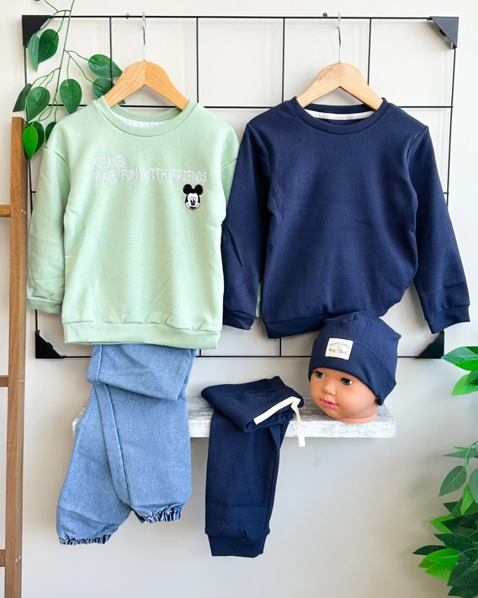 Mickey kot pantolonlu ve basıc lacivert  2li kombin set