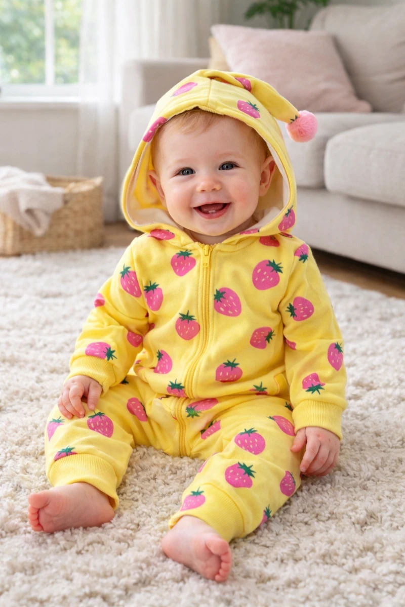 Çilek desen baskılı fermuarlı kapüşonlu mevsimlik tulum  