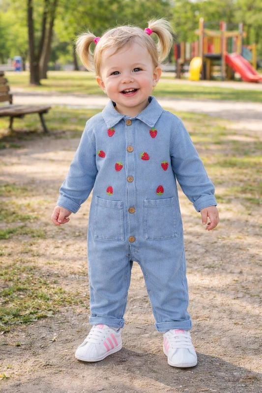 Çilek armalı önden ahşap düğme detaylı kot görünümlü örme kumaş mevsimlik tulum 