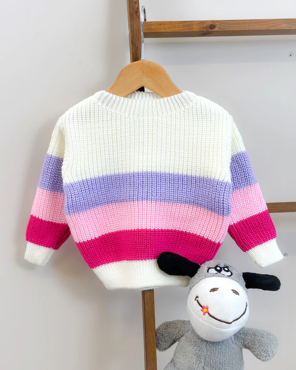 Renkli çizgi detaylı selanik örgülü kız triko kazak