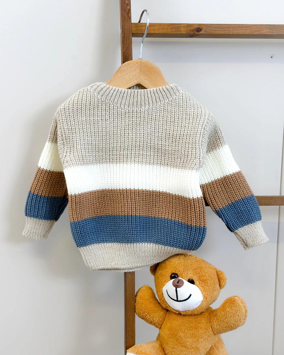 Renkli çizgi detaylı selanik örgülü triko kazak