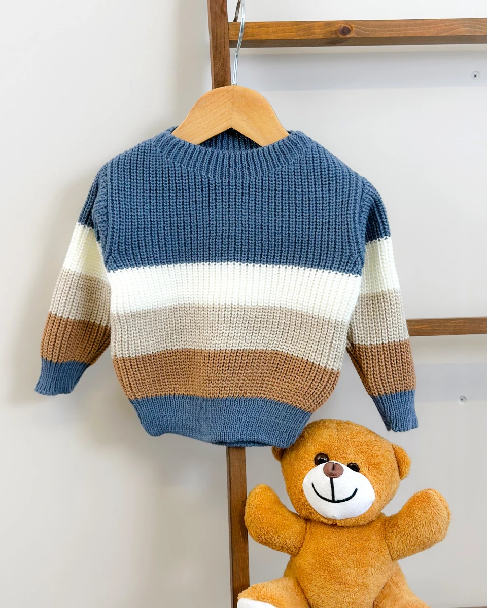 Renkli çizgi detaylı selanik örgülü triko kazak