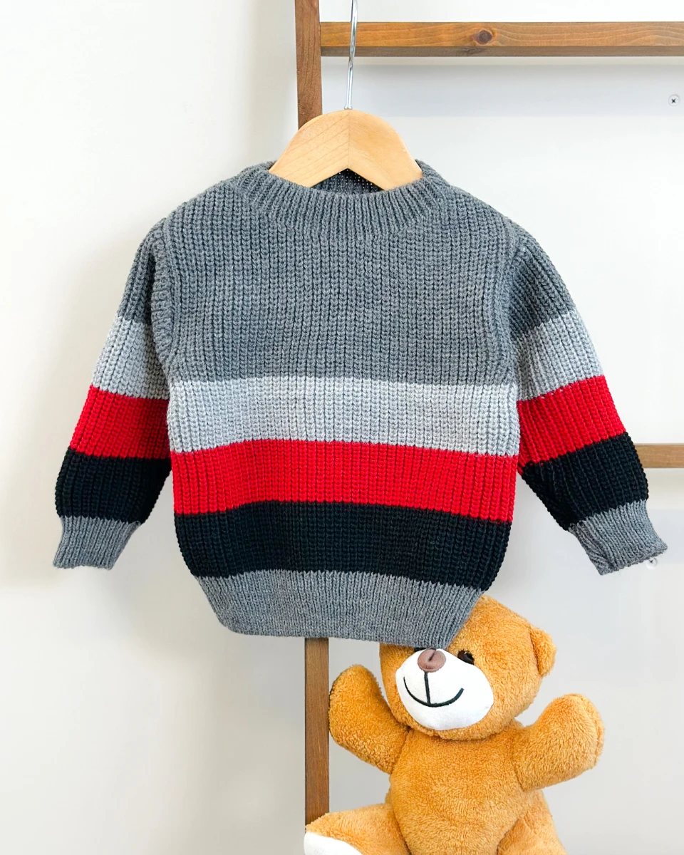 Renkli çizgi detaylı selanik örgülü triko kazak 