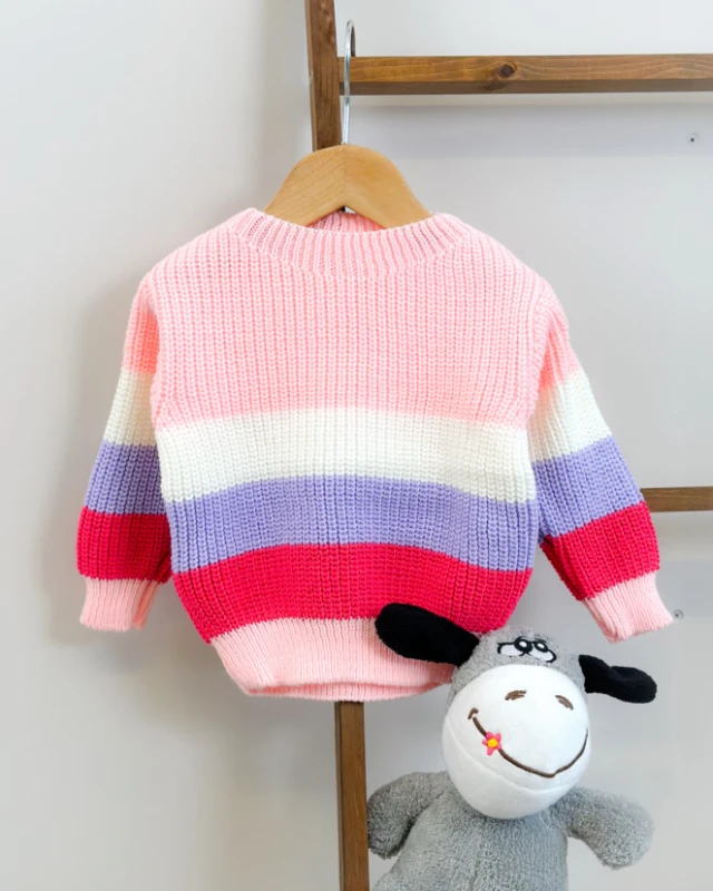 Renkli çizgi detaylı selanik örgülü kız triko kazak