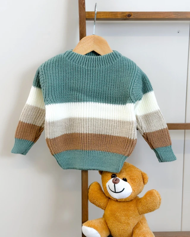 Renkli çizgi detaylı selanik örgülü triko kazak