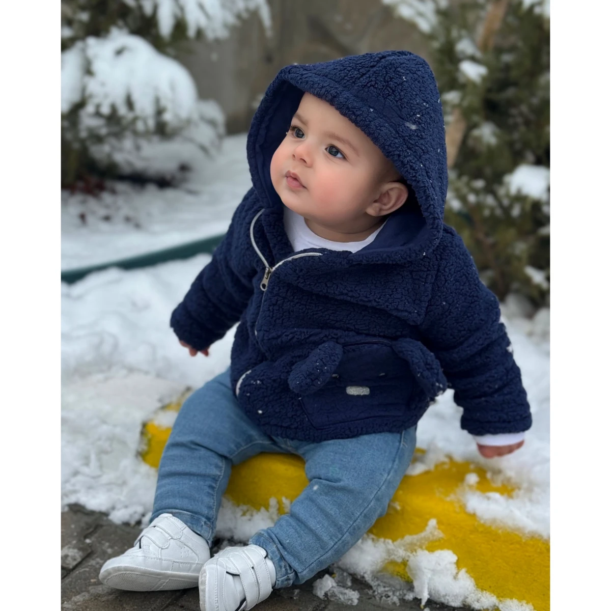 Kulaklı bear face detaylı yandan fermuarlı kapüşonlu peluş hırka