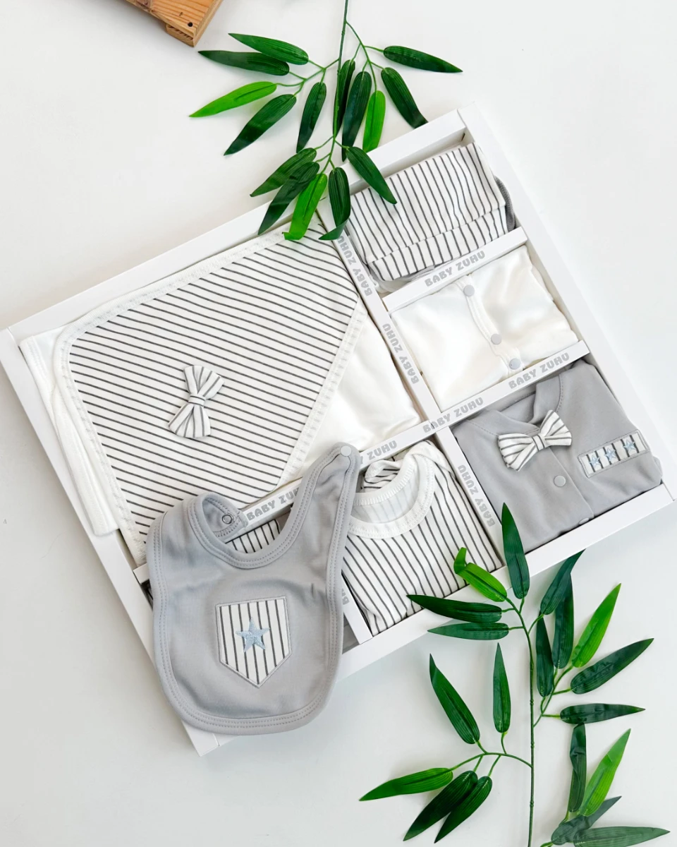 3 yıldız nakışlı çizgili mevsimlik yenidoğan 10lu set 