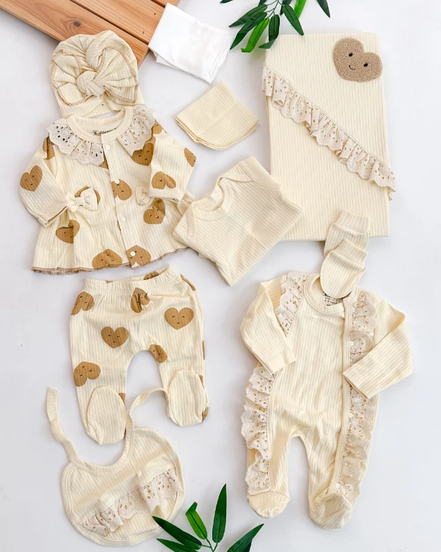 Happy heart dantel detaylı fitilli kumaş yenidoğan 10lu set 