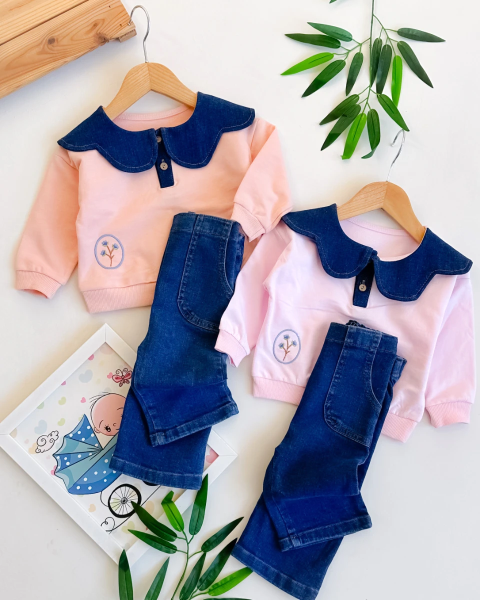 Çiçek nakış kot yaka detaylı 2li kız bebe takım
