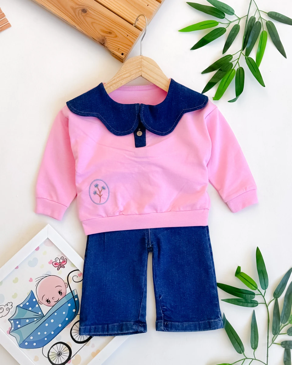 Çiçek nakış kot yaka detaylı 2li kız bebe takım