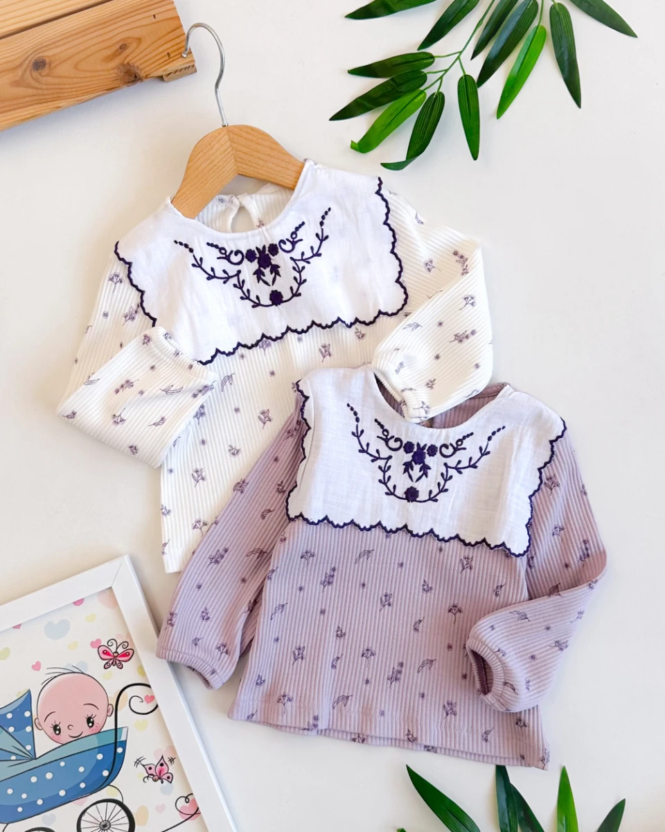 Kare yaka fitilli salaş kumaş mevsimlik 2li kız bebe takım