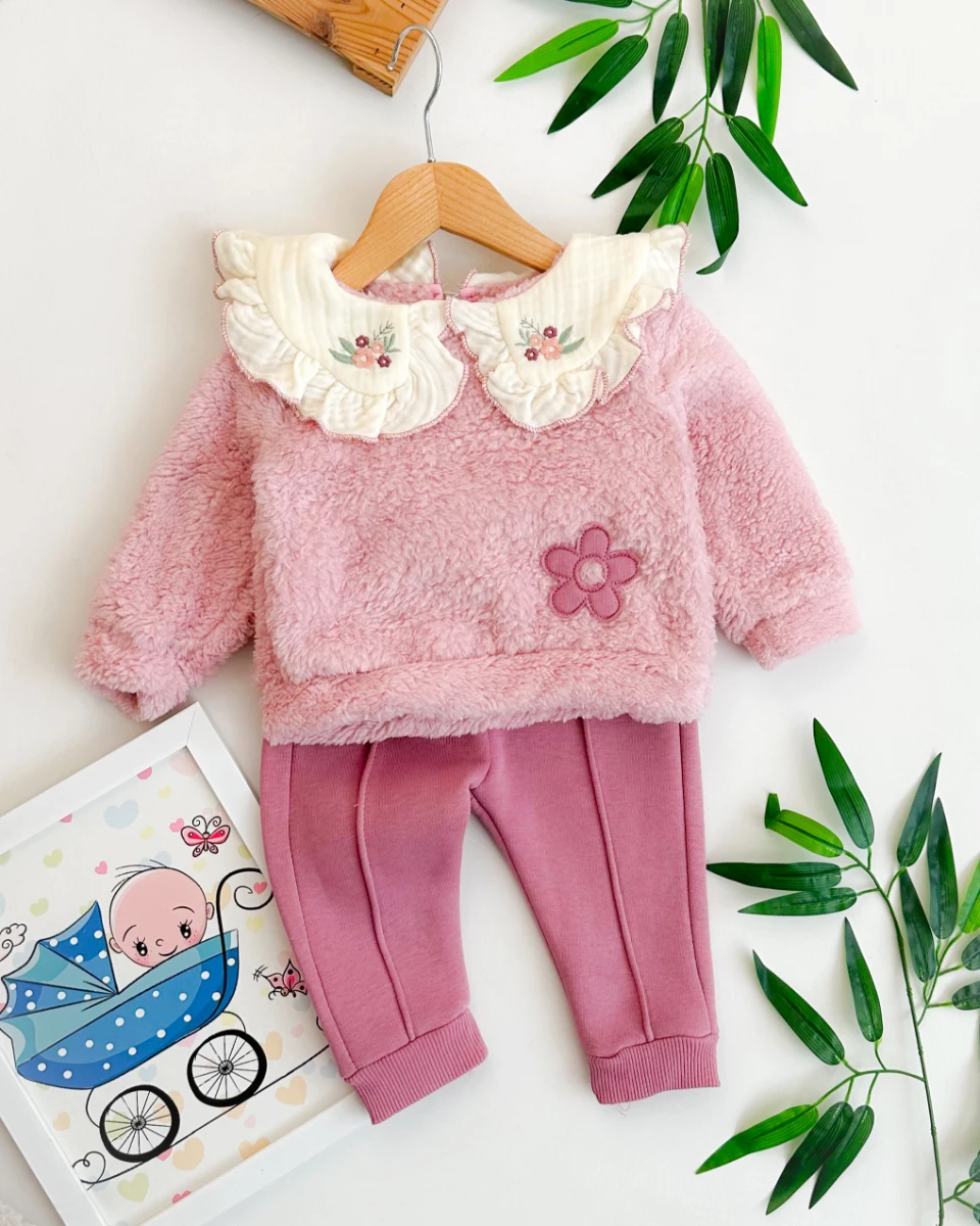 Papatya nakış detaylı kışlık 2li kız bebe takım