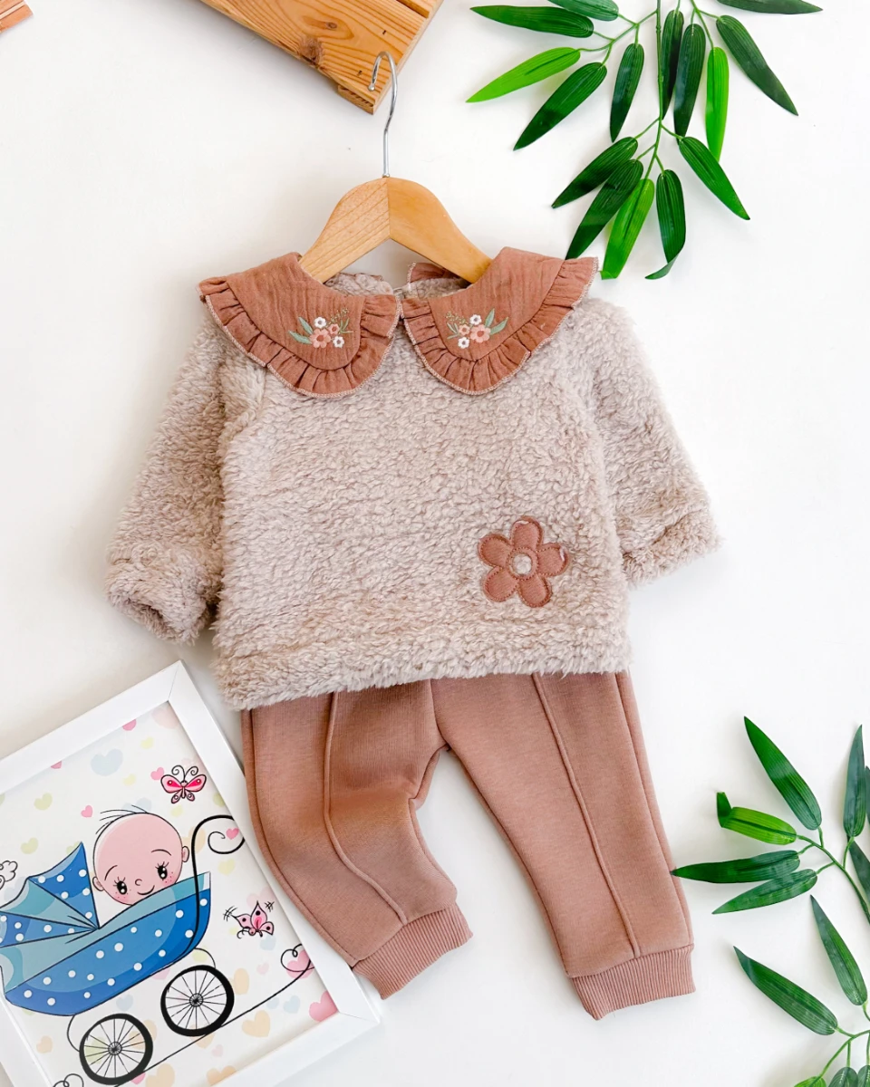 Papatya nakış detaylı kışlık 2li kız bebe takım