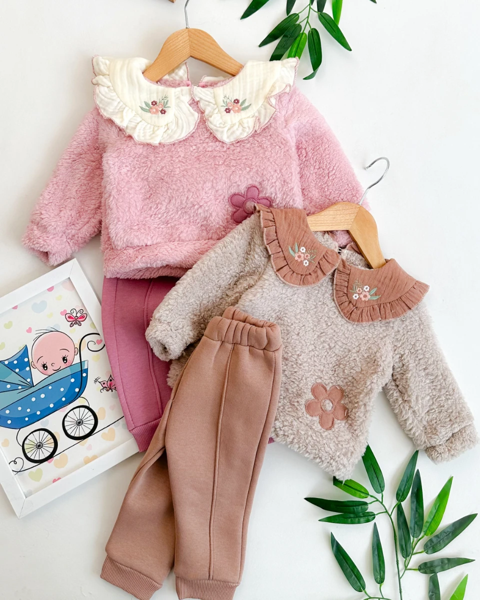 Papatya nakış detaylı kışlık 2li kız bebe takım