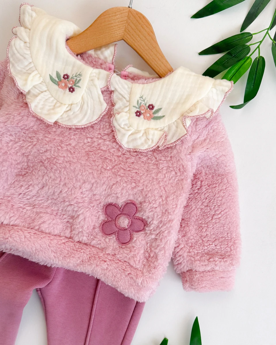 Papatya nakış detaylı kışlık 2li kız bebe takım