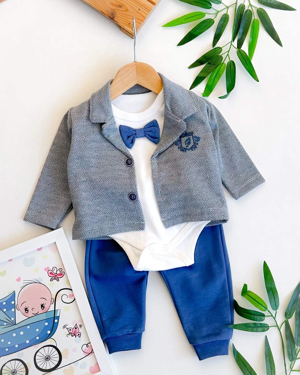 Papyon detaylı tarz ceketli mevsimlik erkek 3lü takım