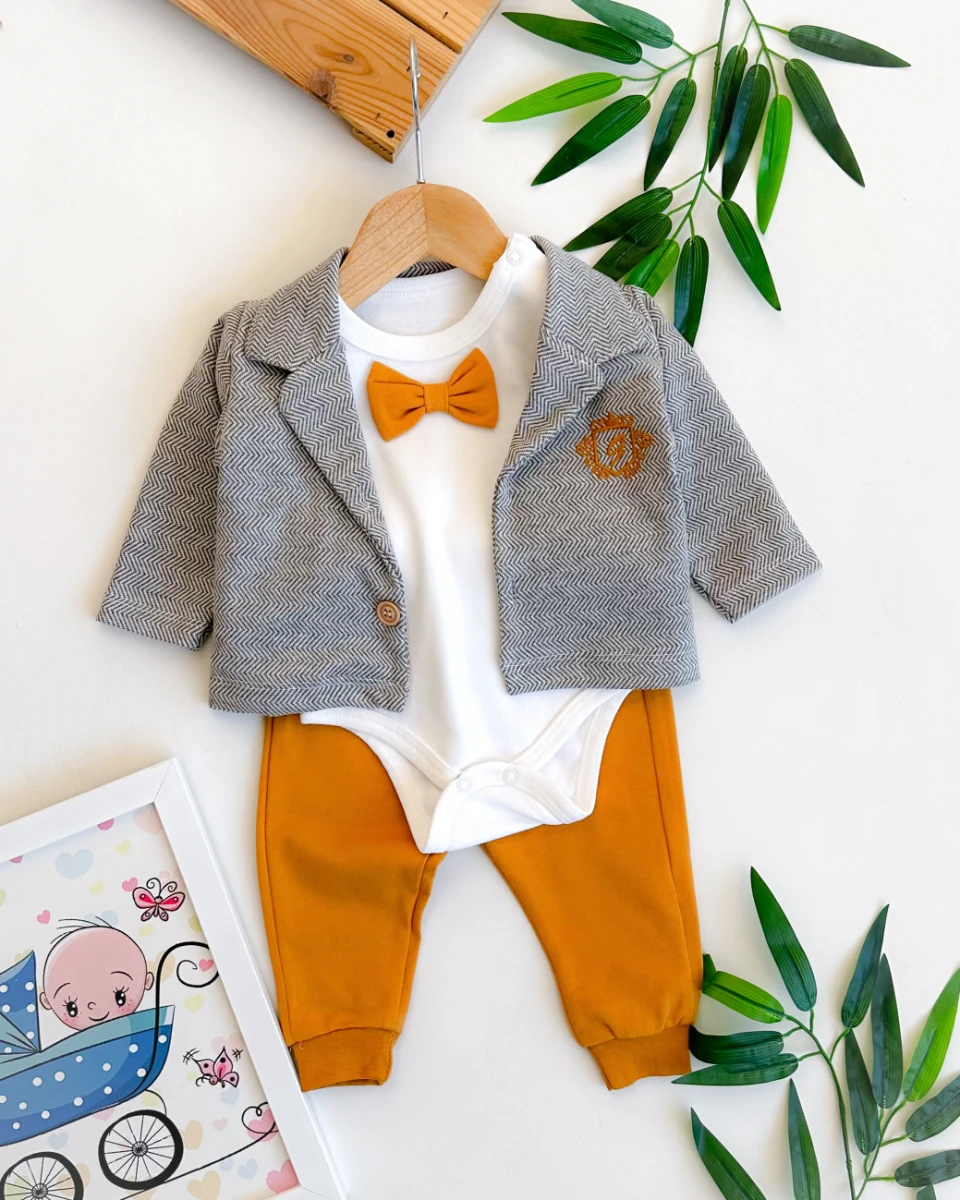 Papyon detaylı tarz ceketli mevsimlik erkek 3lü takım