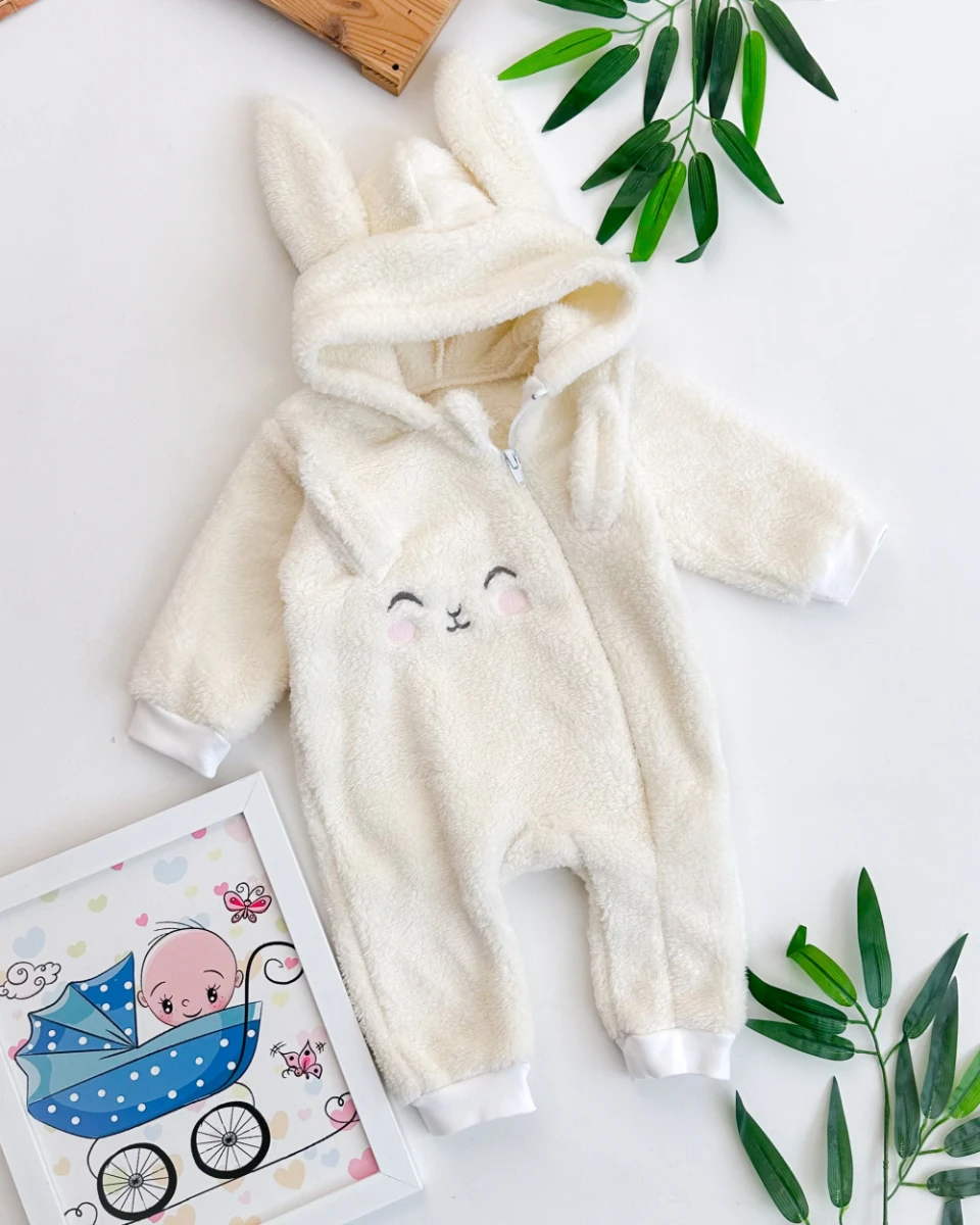 Pembe yanak tavşan welsoft boydan fermuarlı bebe tulum