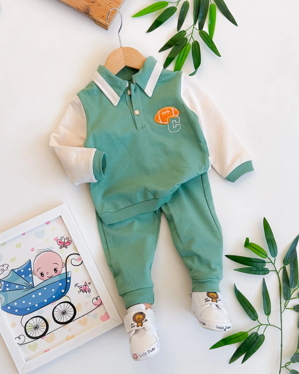 Polo yaka süzene detaylı mevsimlik 2li erkek bebe takım