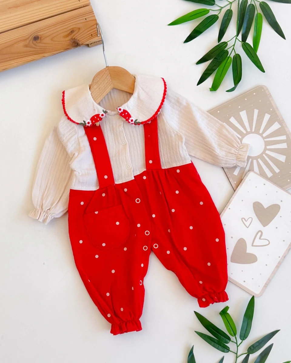 Puantiye detaylı salopet görünümlü müslin kız bebe tulum
