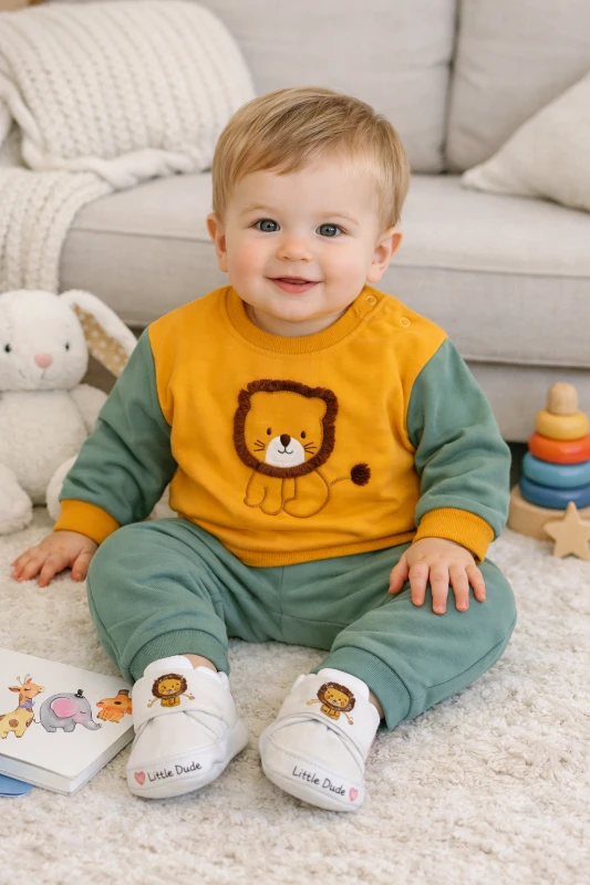 Aslan püskül detaylı mevsimlik 2li erkek bebe takım