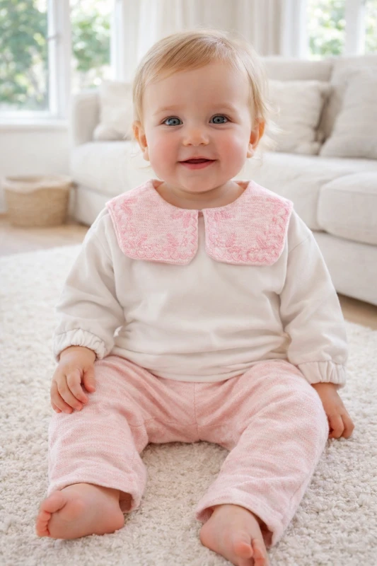 Bebe yaka nakış detaylı soft 2li kız bebe takım