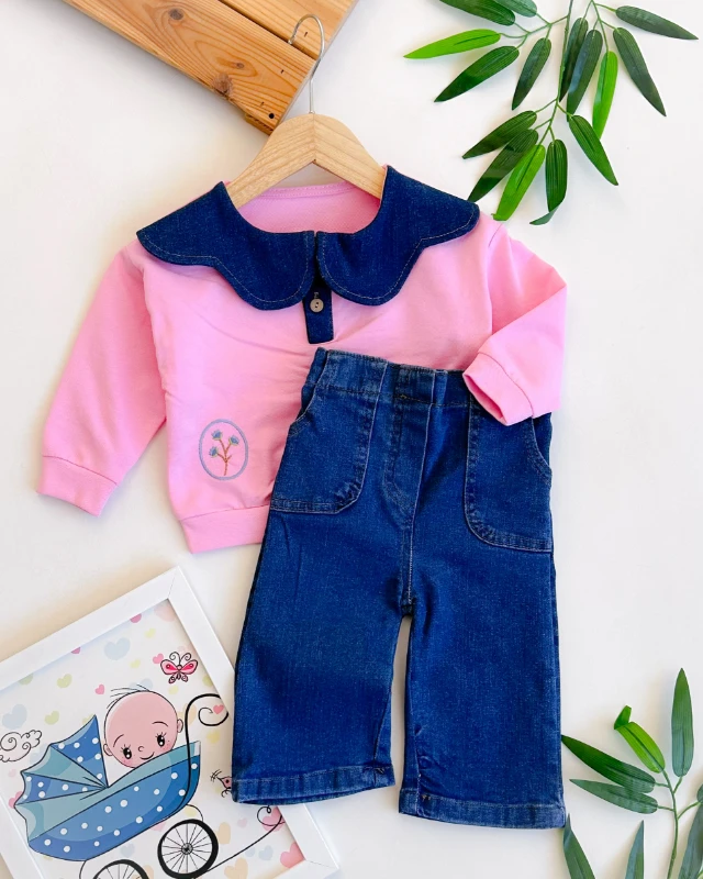Çiçek nakış kot yaka detaylı 2li kız bebe takım