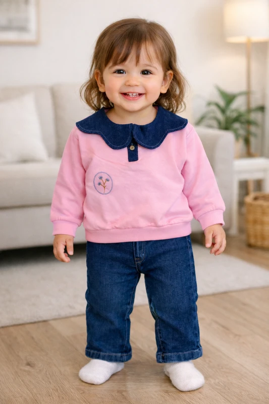 Çiçek nakış kot yaka detaylı 2li kız bebe takım