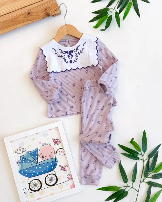 Kare yaka fitilli salaş kumaş mevsimlik 2li kız bebe takım