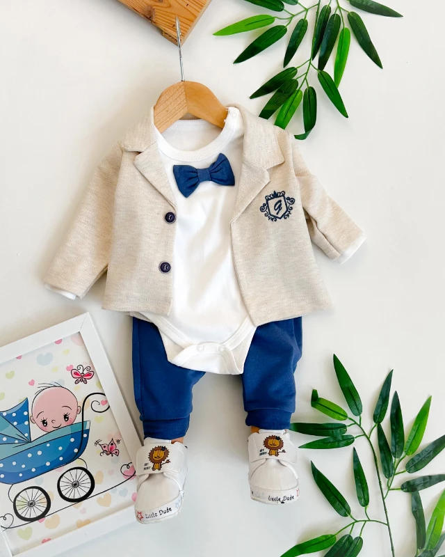 Papyon detaylı tarz ceketli mevsimlik erkek 3lü takım