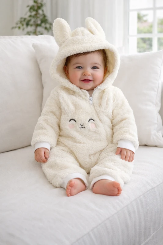 Pembe yanak tavşan welsoft boydan fermuarlı bebe tulum