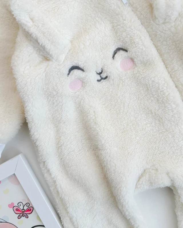 Pembe yanak tavşan welsoft boydan fermuarlı bebe tulum