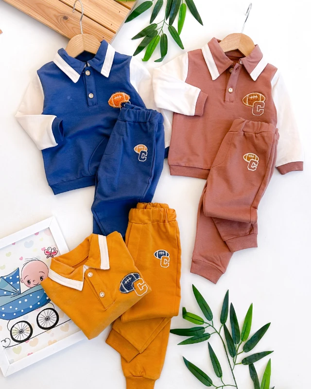Polo yaka süzene detaylı mevsimlik 2li erkek bebe takım