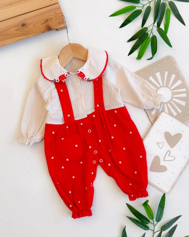 Puantiye detaylı salopet görünümlü müslin kız bebe tulum