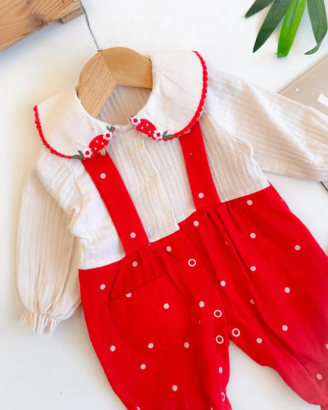 Puantiye detaylı salopet görünümlü müslin kız bebe tulum