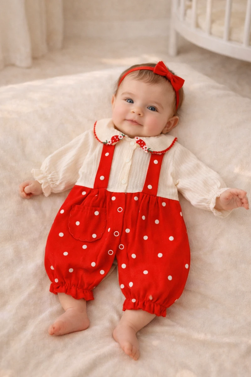 Puantiye detaylı salopet görünümlü müslin kız bebe tulum