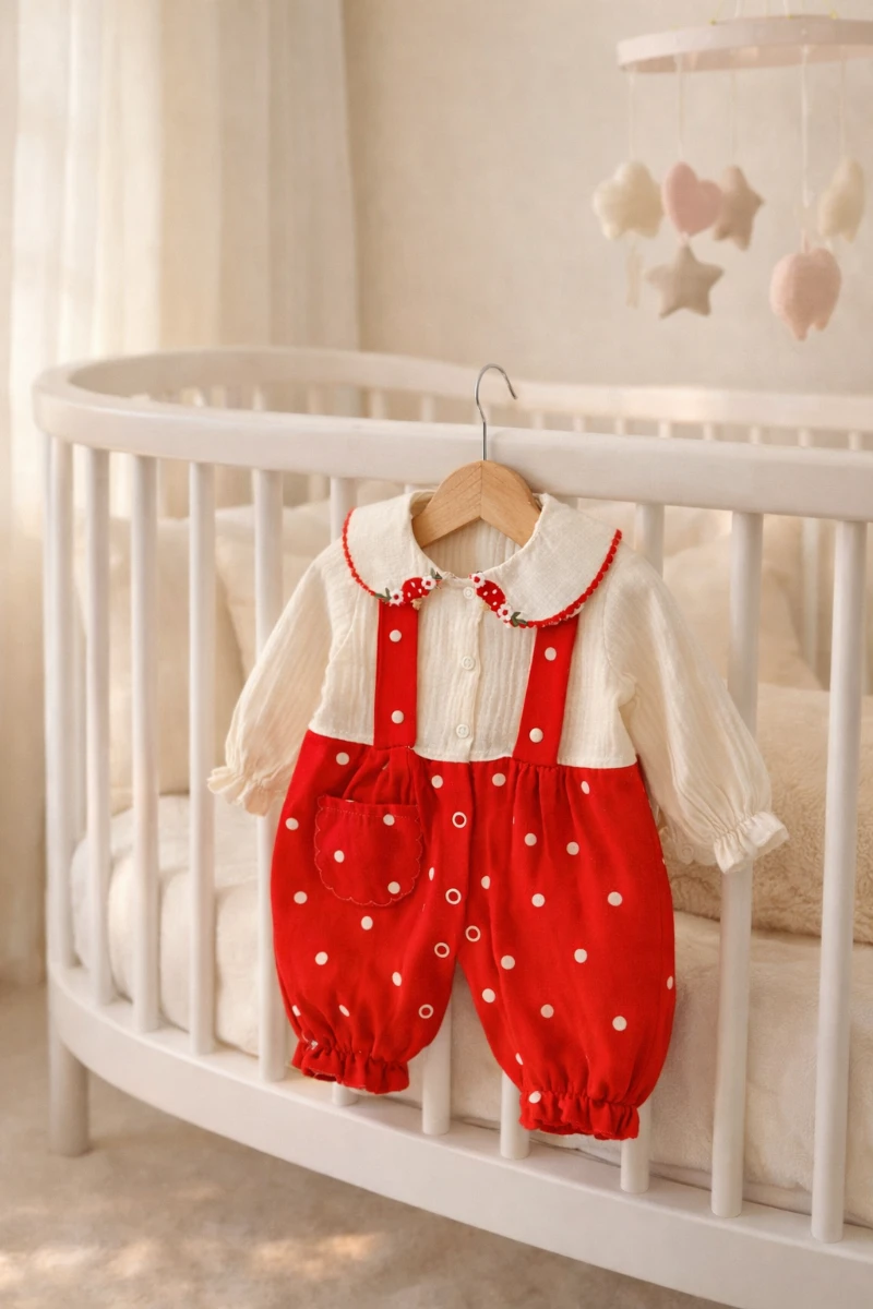 Puantiye detaylı salopet görünümlü müslin kız bebe tulum 