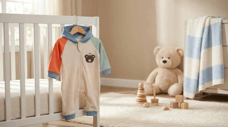 Renkli kol detaylı kapüşonlu mevsimlik bebe tulum