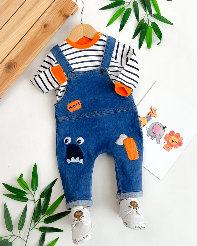 monster kot salopet şeritli uzun kollu sweatshirt mevsimlik 2li bebe takım