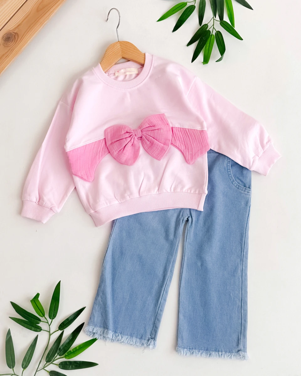 Büyük puantiyeli fiyonk detaylı kot pantolonlu mevsimlik 2li kız çocuk takım
