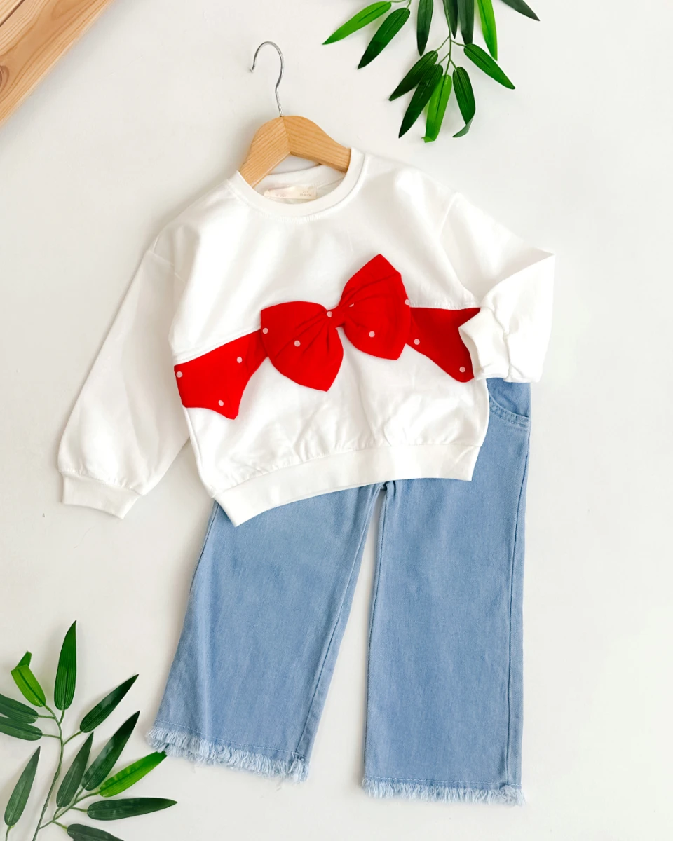 Büyük puantiyeli fiyonk detaylı kot pantolonlu mevsimlik 2li kız çocuk takım